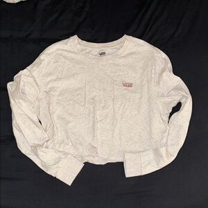 Vans Women’s Heather Cream Cropped Long Sleeve Tee with Pink Logo